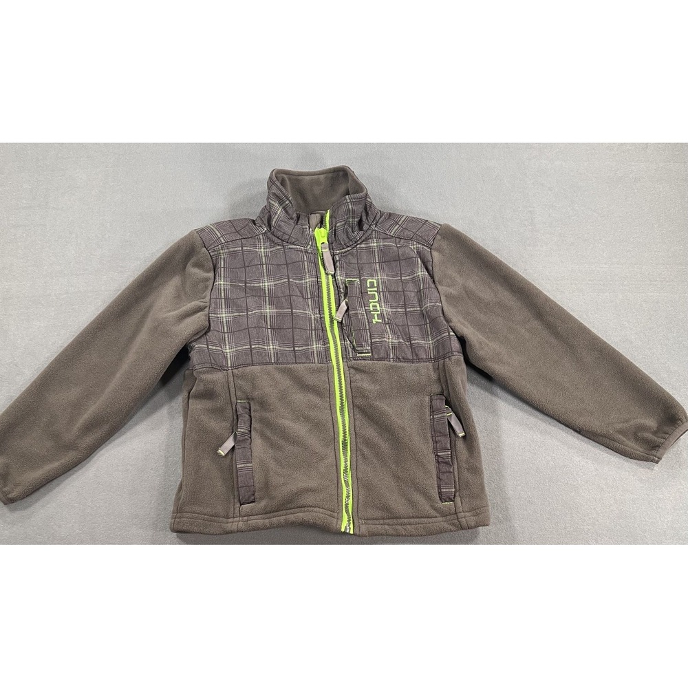 Cinch Boys Plaid Fleece Full Zip Jacket Brown Gray Neon Green MWJ24550001 S 6/8